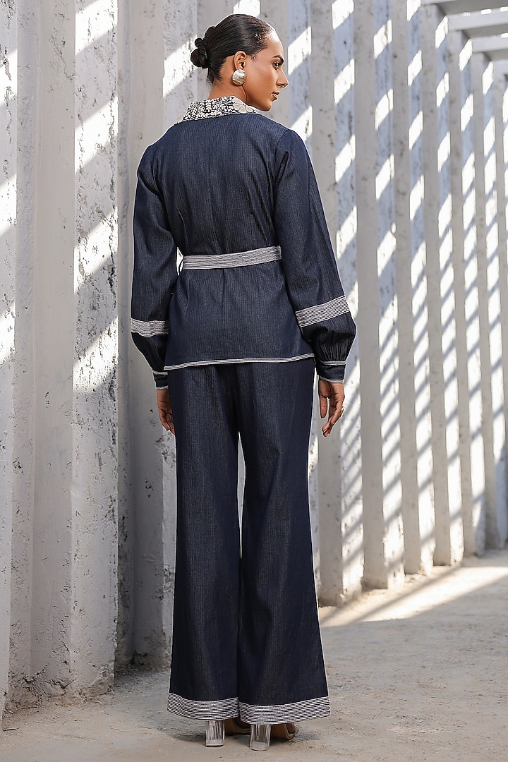 Dark Blue Tencel Denim 3D Floral Embroidered Co-Ord Set by Raw & Rustic by Niti Bothra at Pernia's Pop Up Shop