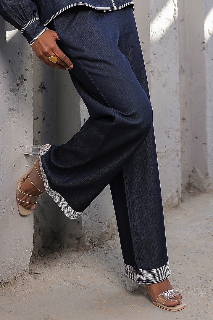 Dark Blue Tencel Denim 3D Floral Embroidered Co-Ord Set by Raw & Rustic by Niti Bothra at Pernia's Pop Up Shop