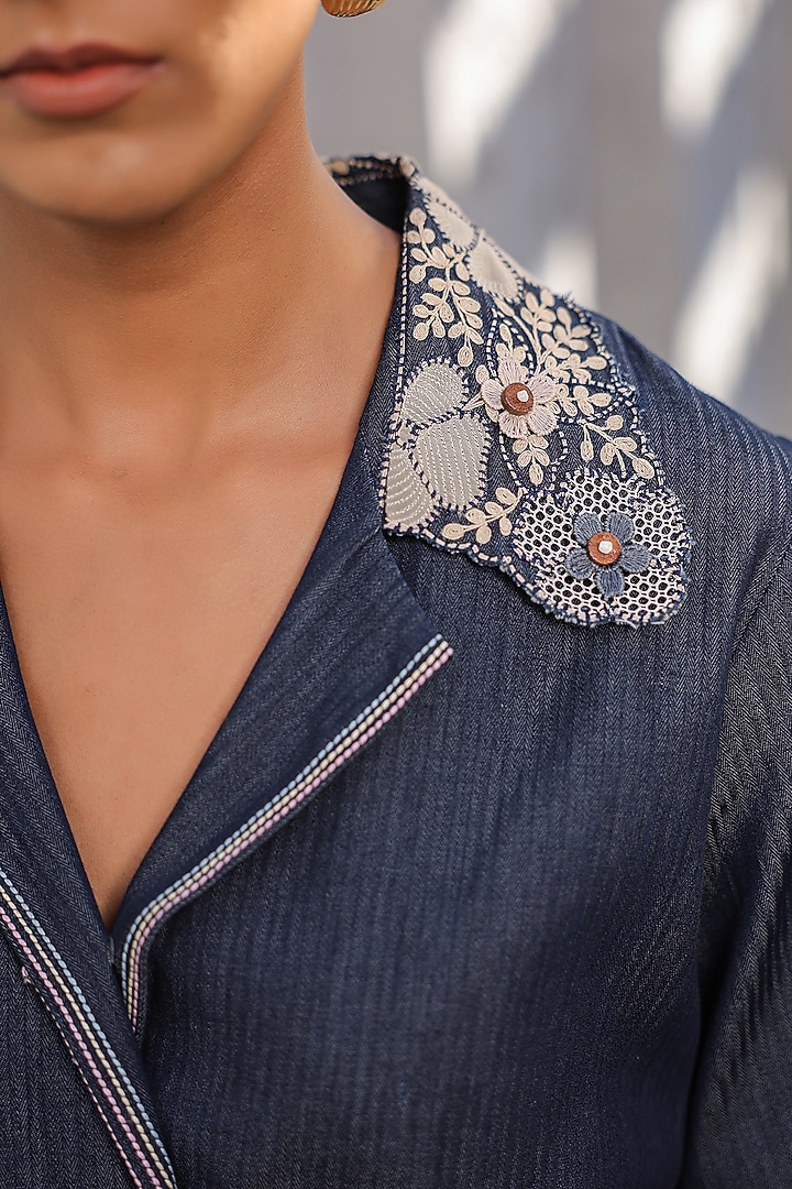Dark Blue Tencel Denim 3D Floral Embroidered Co-Ord Set by Raw & Rustic by Niti Bothra at Pernia's Pop Up Shop