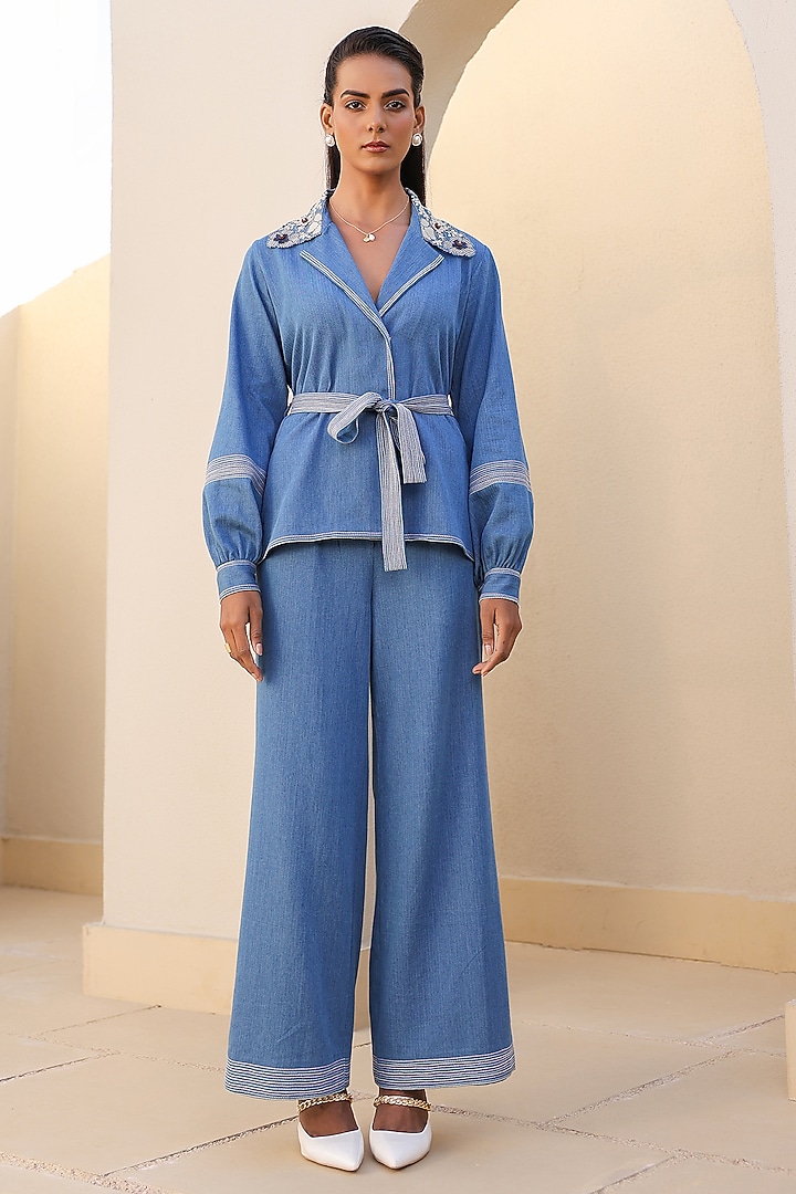 Light Blue Tencel Denim 3D Floral Embroidered Co-Ord Set by Raw & Rustic by Niti Bothra at Pernia's Pop Up Shop