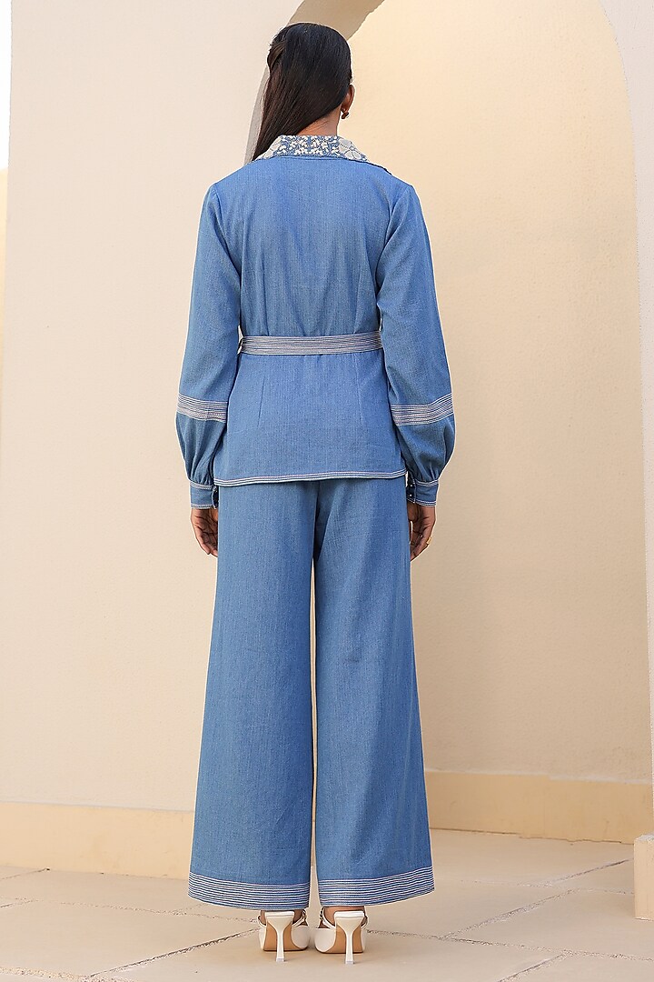 Light Blue Tencel Denim 3D Floral Embroidered Co-Ord Set by Raw & Rustic by Niti Bothra at Pernia's Pop Up Shop