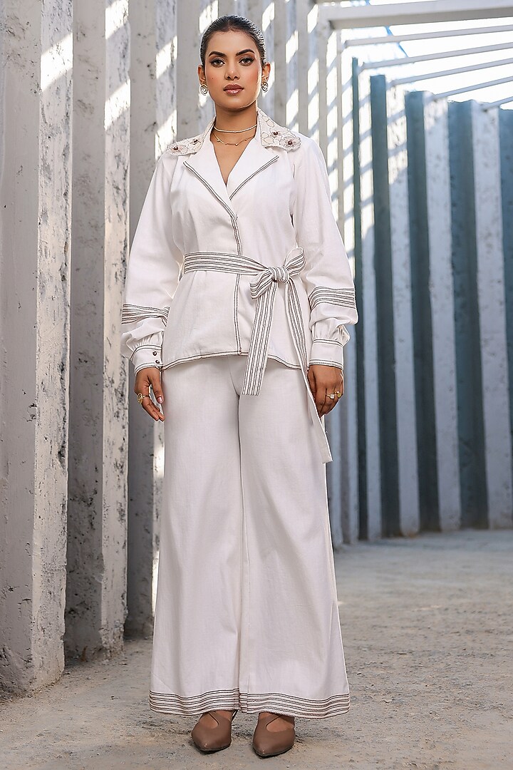 White Cotton Twill Denim 3D Floral Embroidered Co-Ord Set by Raw & Rustic by Niti Bothra at Pernia's Pop Up Shop