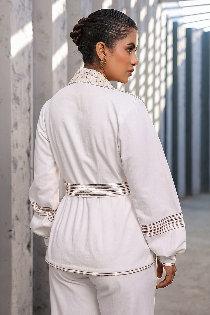 White Cotton Twill Denim 3D Floral Embroidered Co-Ord Set by Raw & Rustic by Niti Bothra at Pernia's Pop Up Shop
