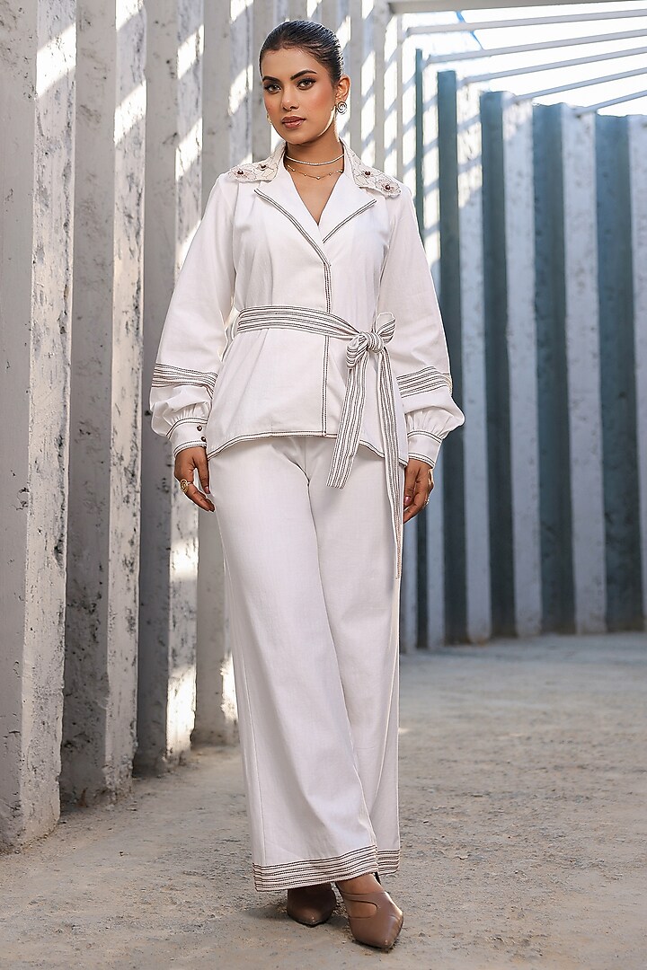 White Cotton Twill Denim 3D Floral Embroidered Co-Ord Set by Raw & Rustic by Niti Bothra at Pernia's Pop Up Shop