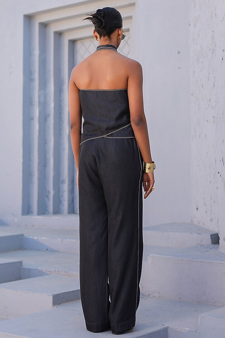 Black Tencel Denim 3D Floral Embroidered Co-Ord Set by Raw & Rustic by Niti Bothra at Pernia's Pop Up Shop