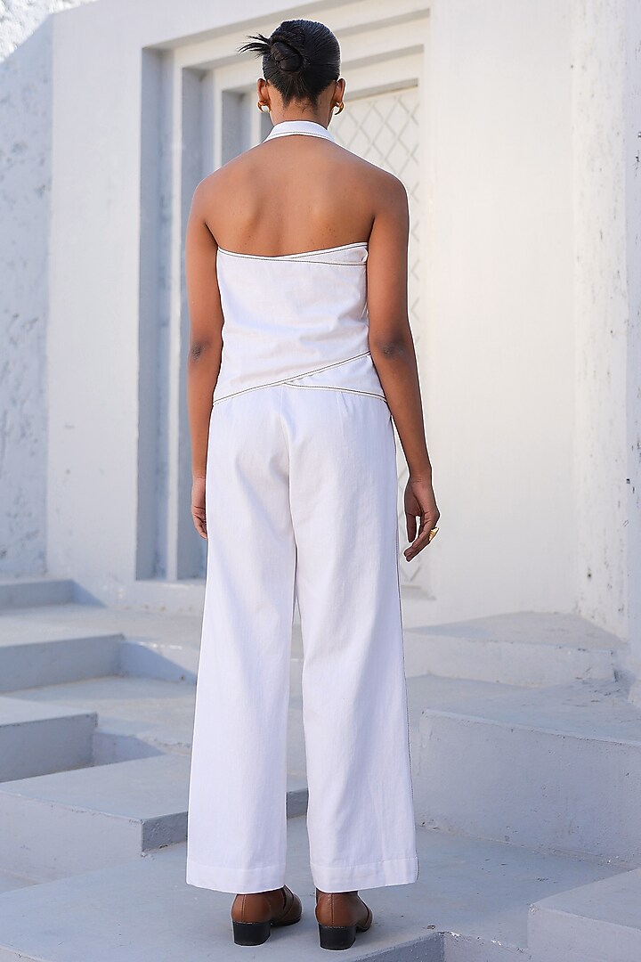 White Cotton Twill Denim 3D Floral Embroidered Co-Ord Set by Raw & Rustic by Niti Bothra at Pernia's Pop Up Shop