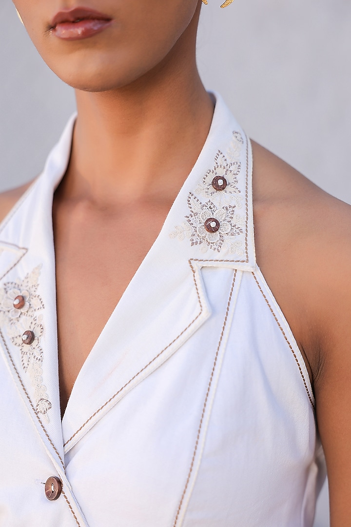 White Cotton Twill Denim 3D Floral Embroidered Co-Ord Set by Raw & Rustic by Niti Bothra at Pernia's Pop Up Shop