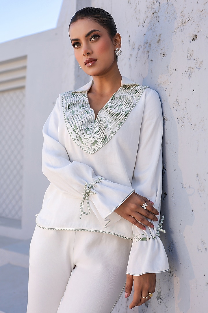 White Tencel Denim Floral Printed Co-Ord Set by Raw & Rustic by Niti Bothra at Pernia's Pop Up Shop