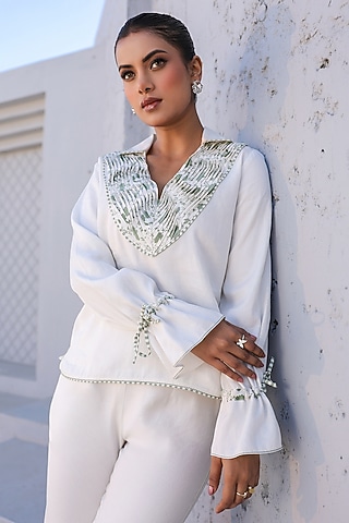 White Tencel Denim Floral Printed Top by Raw & Rustic by Niti Bothra