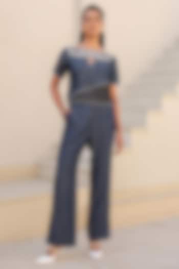 Dark Blue Tencel Denim Floral Embroidered Co-Ord Set by Raw & Rustic by Niti Bothra at Pernia's Pop Up Shop