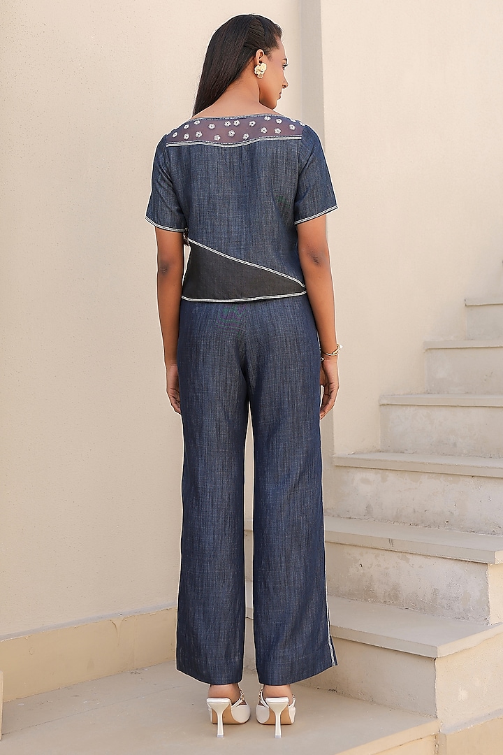Dark Blue Tencel Denim Floral Embroidered Co-Ord Set by Raw & Rustic by Niti Bothra at Pernia's Pop Up Shop