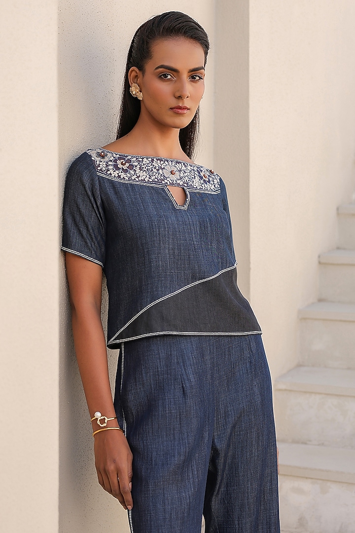 Dark Blue Tencel Denim Floral Embroidered Co-Ord Set by Raw & Rustic by Niti Bothra at Pernia's Pop Up Shop