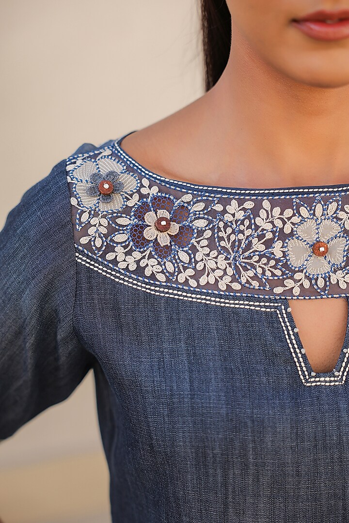 Dark Blue Tencel Denim Floral Embroidered Co-Ord Set by Raw & Rustic by Niti Bothra at Pernia's Pop Up Shop