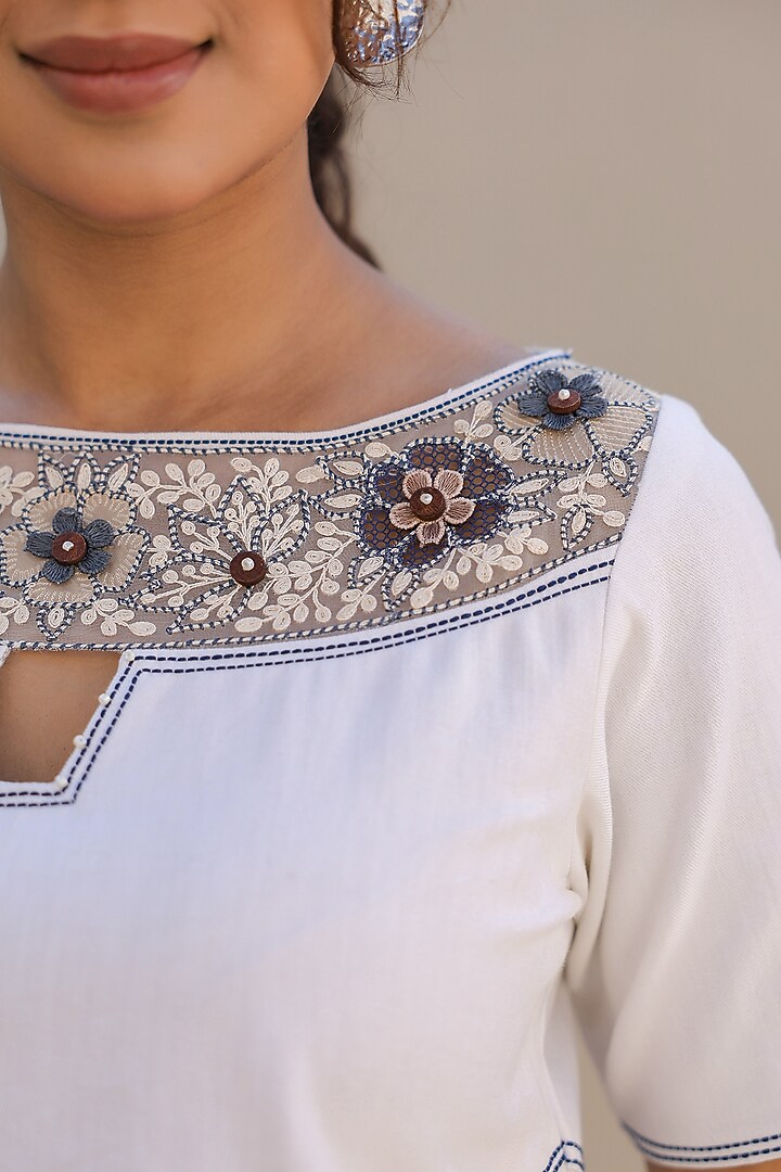 White Cotton Twill Denim 3D Floral Embroidered Co-Ord Set by Raw & Rustic by Niti Bothra at Pernia's Pop Up Shop