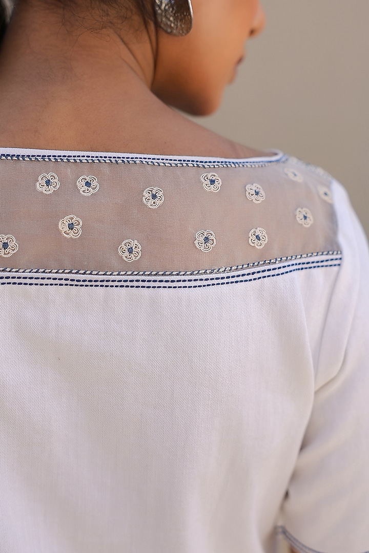 White Cotton Twill Denim 3D Floral Embroidered Co-Ord Set by Raw & Rustic by Niti Bothra at Pernia's Pop Up Shop