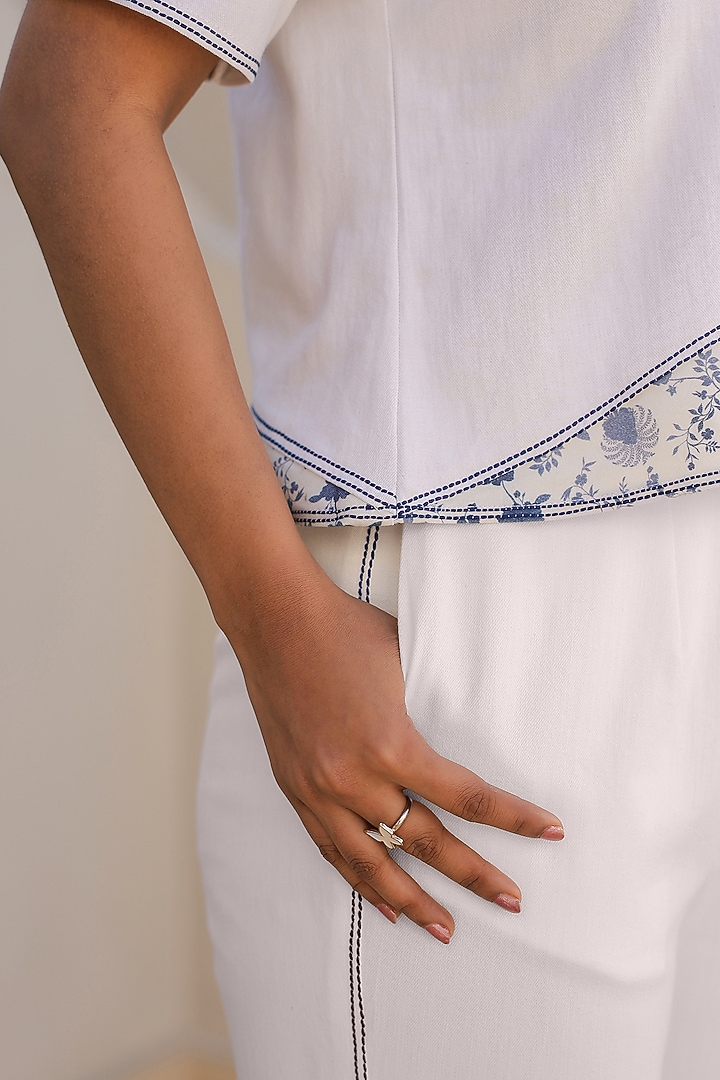 White Cotton Twill Denim 3D Floral Embroidered Co-Ord Set by Raw & Rustic by Niti Bothra at Pernia's Pop Up Shop