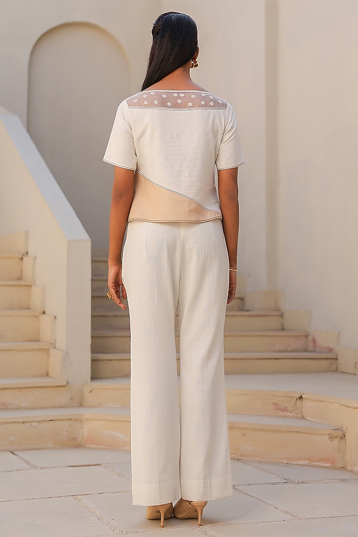 Ivory Linen Cotton 3D Floral Embroidered Co-Ord Set by Raw & Rustic by Niti Bothra at Pernia's Pop Up Shop