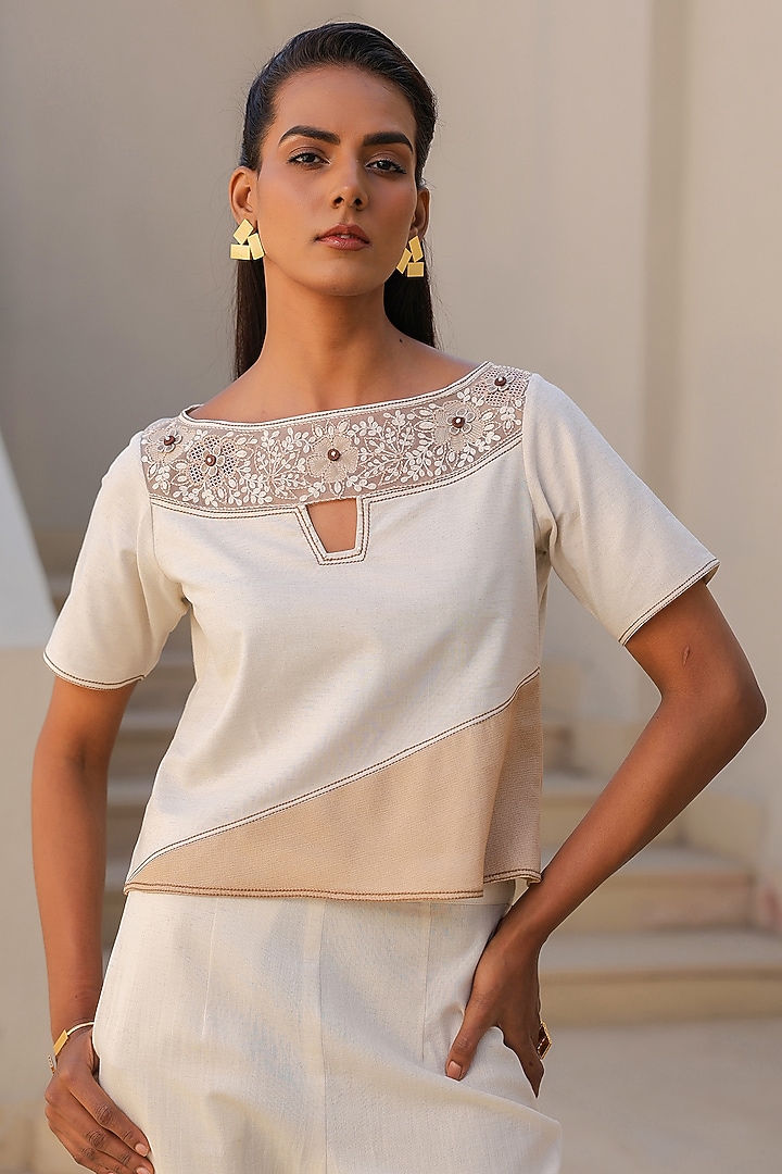 Ivory Linen Cotton 3D Floral Embroidered Co-Ord Set by Raw & Rustic by Niti Bothra at Pernia's Pop Up Shop