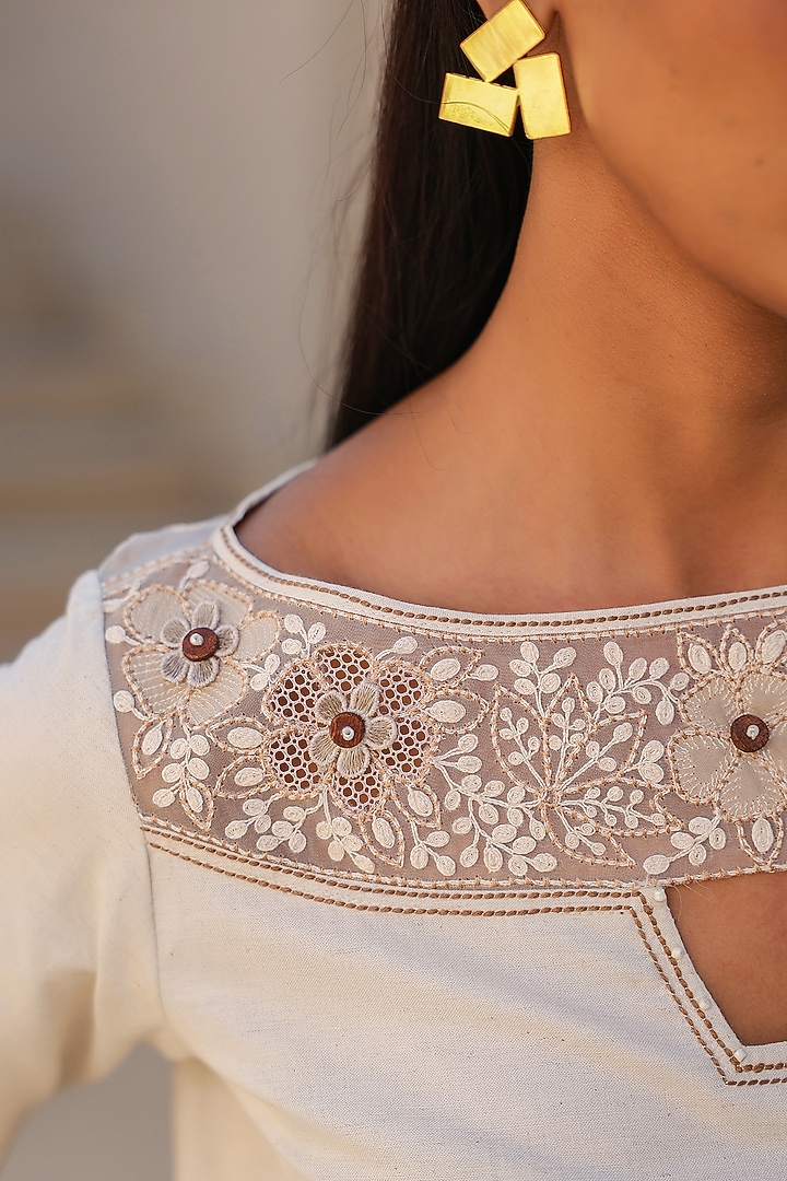 Ivory Linen Cotton 3D Floral Embroidered Co-Ord Set by Raw & Rustic by Niti Bothra at Pernia's Pop Up Shop