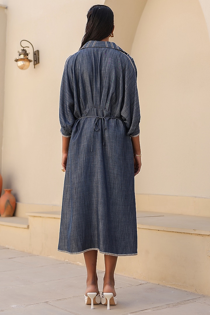 Dark blue Tencel Denim Thread Embroidered Midi Summer Dress by Raw & Rustic by Niti Bothra at Pernia's Pop Up Shop