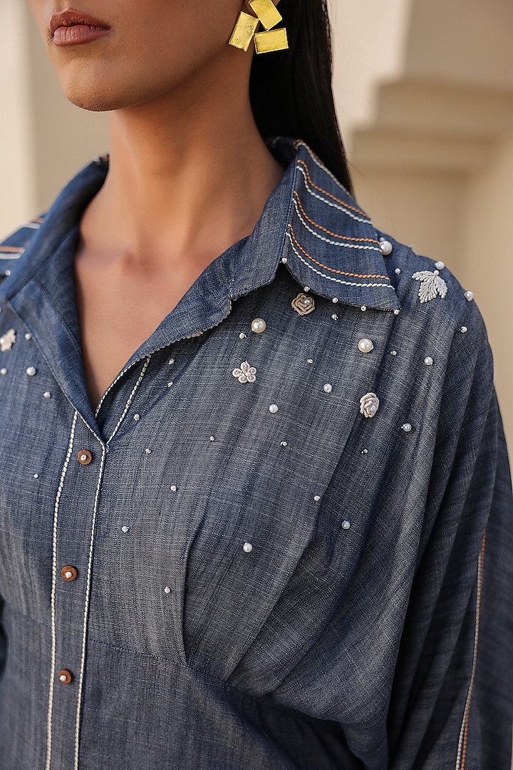 Dark blue Tencel Denim Thread Embroidered Midi Summer Dress by Raw & Rustic by Niti Bothra at Pernia's Pop Up Shop