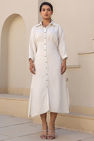 White Tencel Denim Thread Embroidered Midi Dress by Raw & Rustic by Niti Bothra