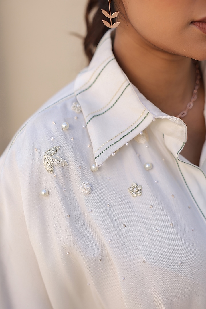 White Tencel Denim Thread Embroidered Midi Summer Dress by Raw & Rustic by Niti Bothra at Pernia's Pop Up Shop