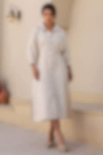 Ivory Linen Cotton Thread Embroidered Midi Dress by Raw & Rustic by Niti Bothra at Pernia's Pop Up Shop