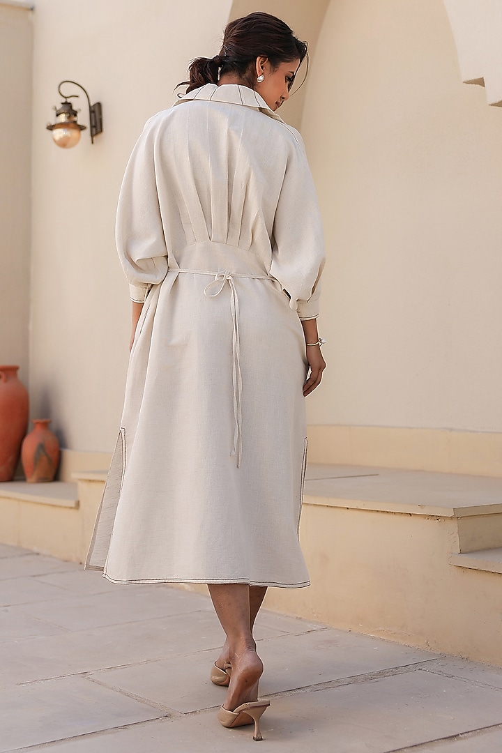 Ivory Linen Cotton Thread Embroidered Midi Summer Dress by Raw & Rustic by Niti Bothra at Pernia's Pop Up Shop