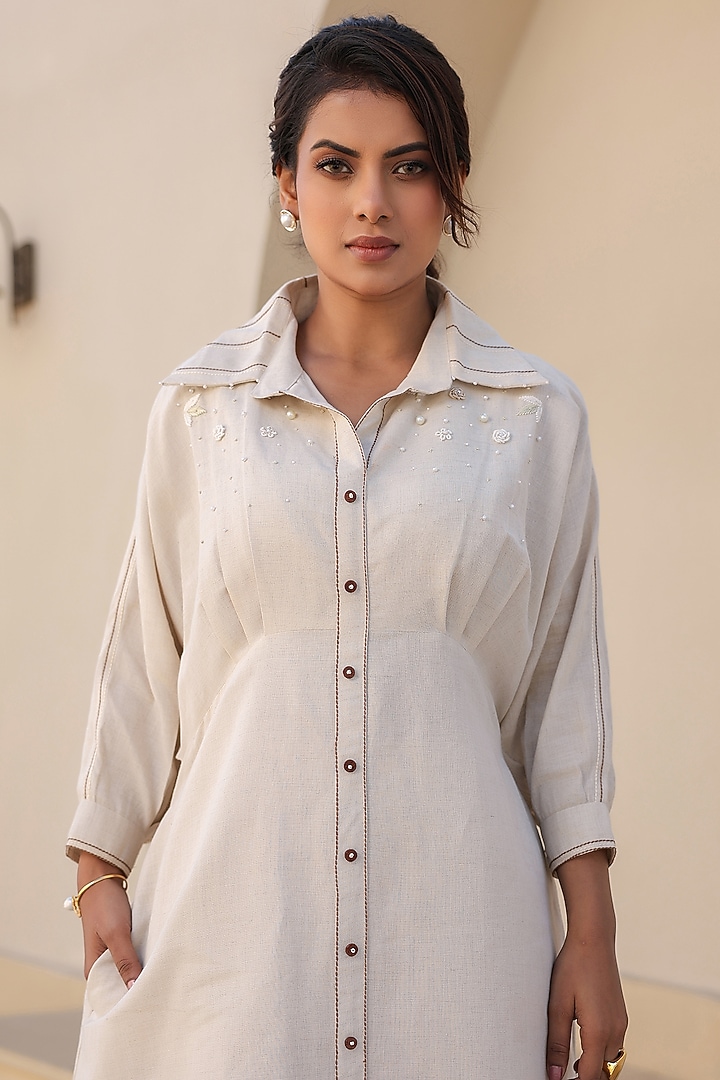 Ivory Linen Cotton Thread Embroidered Midi Summer Dress by Raw & Rustic by Niti Bothra at Pernia's Pop Up Shop