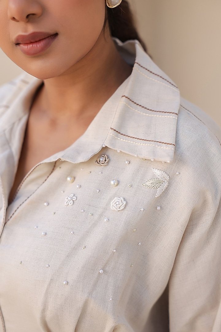 Ivory Linen Cotton Thread Embroidered Midi Summer Dress by Raw & Rustic by Niti Bothra at Pernia's Pop Up Shop