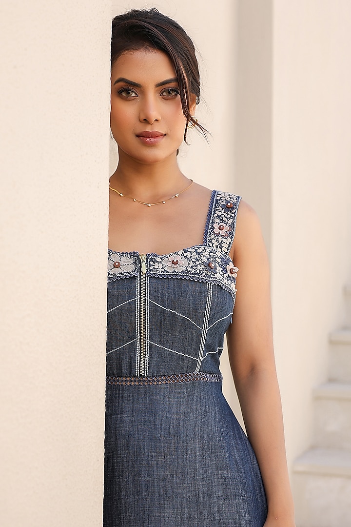 Dark Blue Tencel Denim Floral Embroidered Midi Corset Summer Dress by Raw & Rustic by Niti Bothra at Pernia's Pop Up Shop