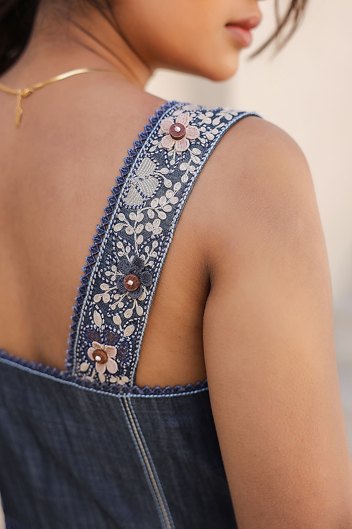 Dark Blue Tencel Denim Floral Embroidered Midi Corset Summer Dress by Raw & Rustic by Niti Bothra at Pernia's Pop Up Shop