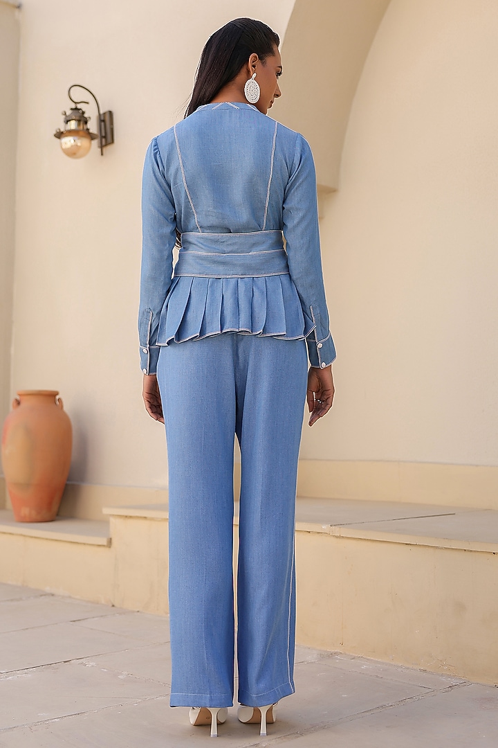 Light Blue Tencel Denim French-Knot Embroidered Co-Ord Set by Raw & Rustic by Niti Bothra at Pernia's Pop Up Shop