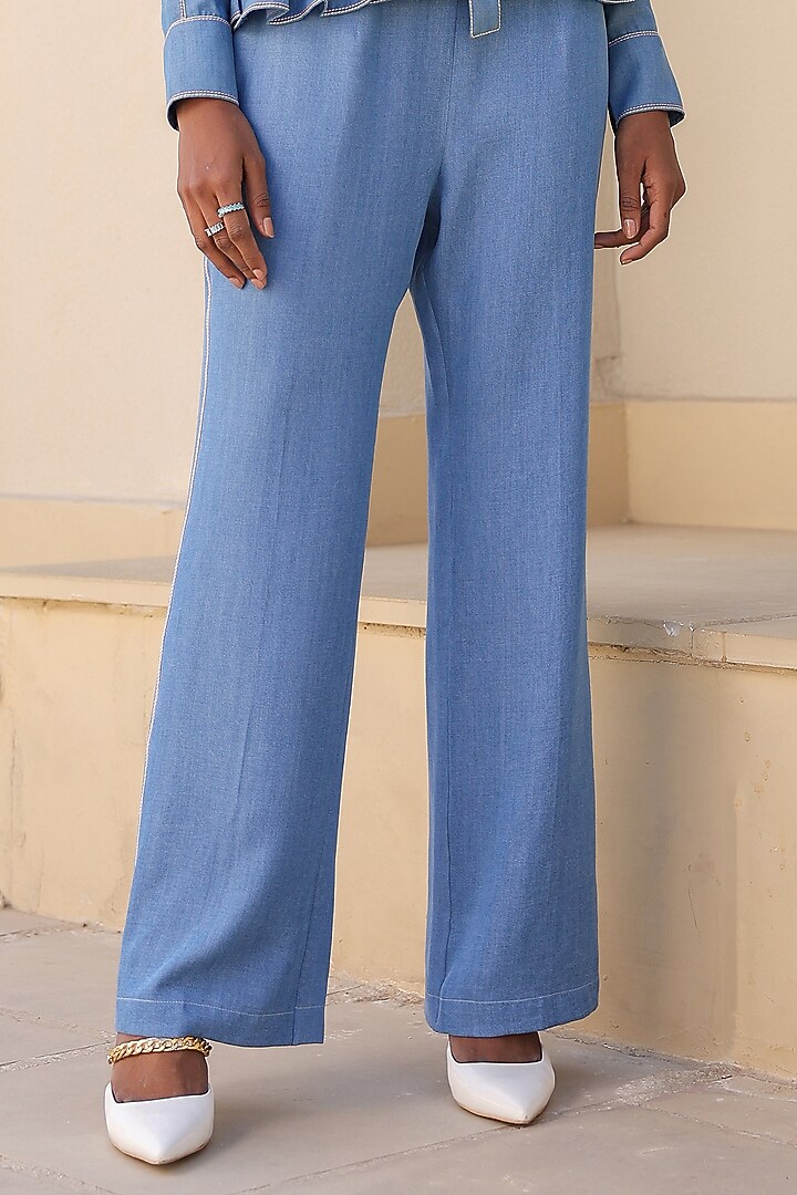 Light Blue Tencel Denim French-Knot Embroidered Co-Ord Set by Raw & Rustic by Niti Bothra at Pernia's Pop Up Shop