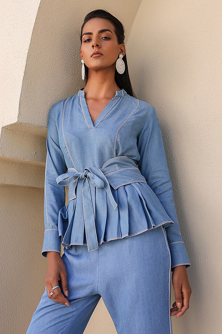 Light Blue Tencel Denim French-Knot Embroidered Co-Ord Set by Raw & Rustic by Niti Bothra at Pernia's Pop Up Shop