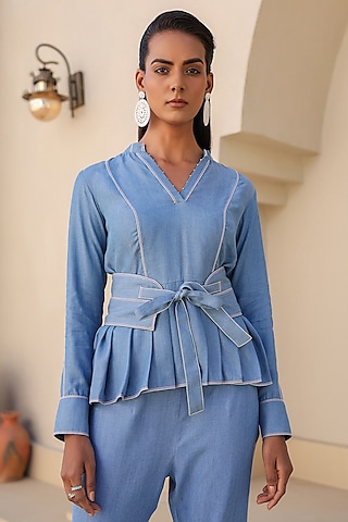 Light Blue Tencel Denim Thread Embroidered Peplum Top by Raw & Rustic by Niti Bothra