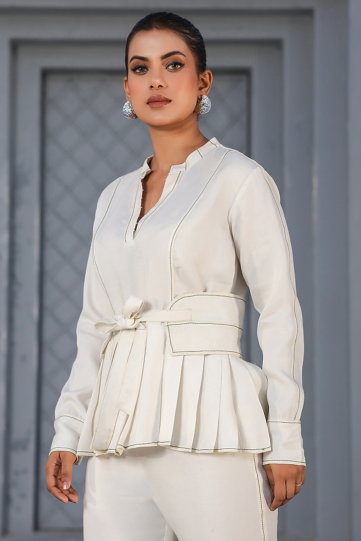 White Tencel Denim French-Knot Embroidered Co-Ord Set by Raw & Rustic by Niti Bothra at Pernia's Pop Up Shop