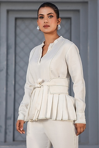 White Tencel Denim French-Knot Embroidered Peplum Top by Raw & Rustic by Niti Bothra