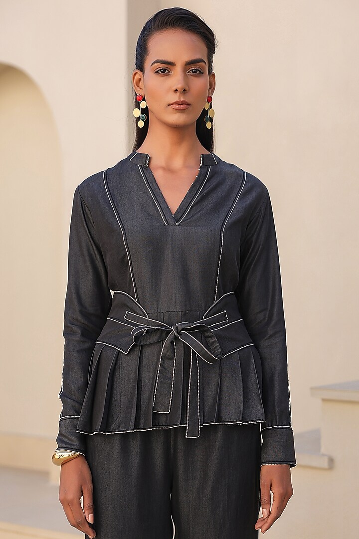 Black Tencel Denim French-Knot Embroidered Co-Ord Set by Raw & Rustic by Niti Bothra at Pernia's Pop Up Shop