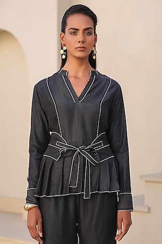 Black Tencel Denim French-Knot Embroidered Peplum Top by Raw & Rustic by Niti Bothra