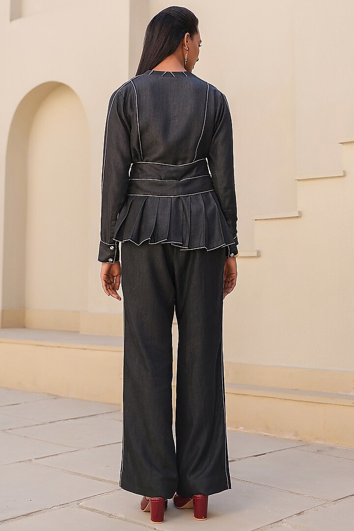 Black Tencel Denim French-Knot Embroidered Peplum Top by Raw & Rustic by Niti Bothra at Pernia's Pop Up Shop