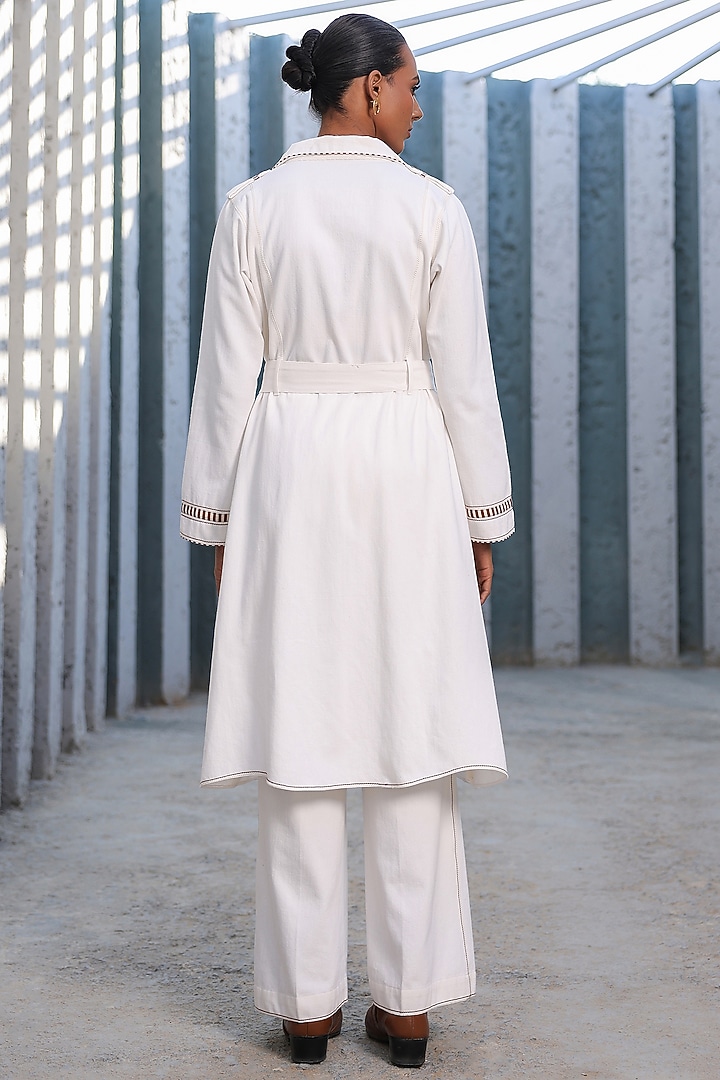 White Cotton Twill Denim Thread Embroidered Trench Coat Set by Raw & Rustic by Niti Bothra at Pernia's Pop Up Shop