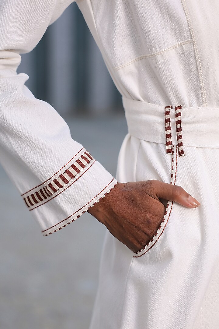 White Cotton Twill Denim Thread Embroidered Trench Coat Set by Raw & Rustic by Niti Bothra at Pernia's Pop Up Shop