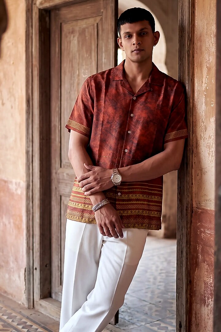 Maroon Banarasi Silk Chanderi Summer Shirt by Raw & Rustic by Niti Bothra at Pernia's Pop Up Shop