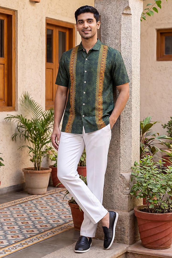 Olive Green Banarasi Silk Chanderi Summer Shirt by Raw & Rustic by Niti Bothra at Pernia's Pop Up Shop