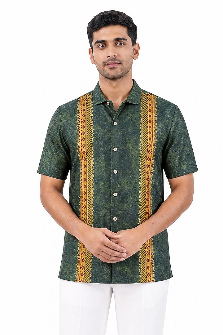 Olive Green Banarasi Silk Chanderi Summer Shirt by Raw & Rustic by Niti Bothra at Pernia's Pop Up Shop
