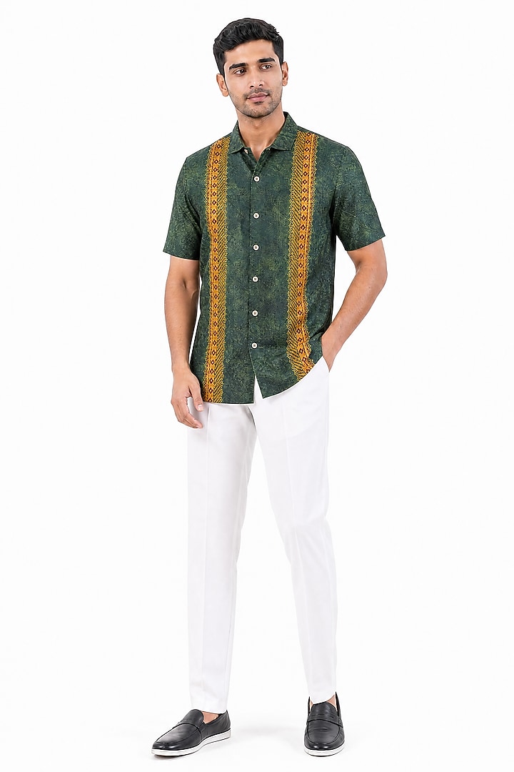 Olive Green Banarasi Silk Chanderi Summer Shirt by Raw & Rustic by Niti Bothra at Pernia's Pop Up Shop