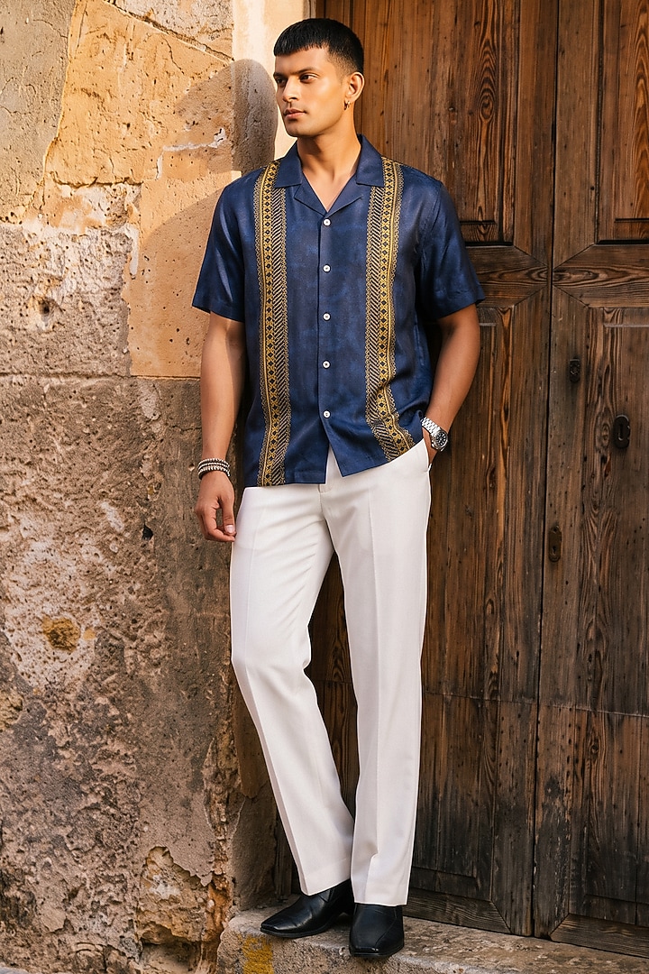 Blue Banarasi Silk Chanderi Summer Shirt by Raw & Rustic by Niti Bothra at Pernia's Pop Up Shop