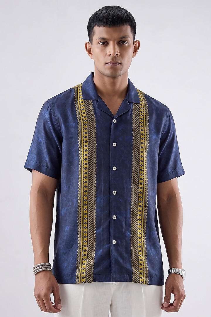 Blue Banarasi Silk Chanderi Summer Shirt by Raw & Rustic by Niti Bothra at Pernia's Pop Up Shop